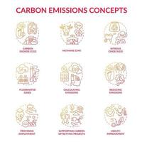 koolstofemissies concept pictogrammen instellen. klimaatverandering idee dunne lijn kleur illustraties. gefluoreerde gassen. verbetering van de gezondheid. methaan, co2. werkgelegenheid bieden. vector geïsoleerde overzichtstekeningen