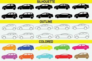 reeks van auto's pictogrammen, silhouet auto, schets auto, gekleurde auto vector