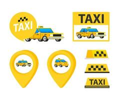 reeks taxi kaart wijzer, auto en auto dak teken. taxi onderhoud vector