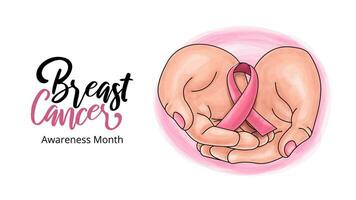 borst kanker bewustzijn maand banier hand- getrokken roze lint in palm van dames hand- illustratie concept vector