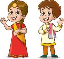 Indisch jongen en meisje in traditioneel kleren. vector illustratie van een tekenfilm karakter.