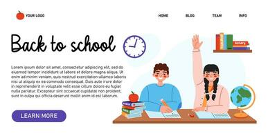 schattig school- kinderen zittend Bij bureau en schrijft en verhoogt hand- Aan les. terug naar school- concept. landen bladzijde of web spandoek. vector