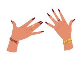 vrouw handen met rood gemanicuurd nagels, ringen. nagels ontwerp. hand- getrokken gekleurde modern vector illustratie geïsoleerd Aan wit achtergrond
