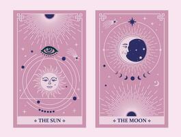 vector illustratie tarot kaarten zon en maan, hemel- tarot kaarten eenvoudig heks tarot omringd door sterren.