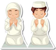 een stickersjabloon met biddende moslimjongen en -meisje vector