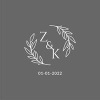 eerste brief zk monogram bruiloft logo met creatief bladeren decoratie vector