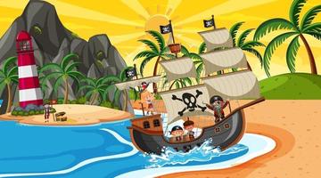 strand met piratenschip bij zonsondergangscène in cartoonstijl vector