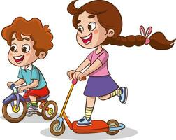 vector illustratie van schattig kinderen rijden fiets en scooter