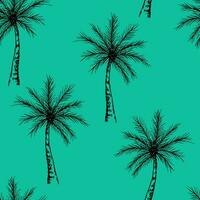 gemakkelijk vector naadloos patroon. zwart schets palm bomen Aan een turkoois achtergrond. tropisch bomen, natuur. voor stoffen, verpakking.