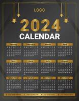 luxe goud 2024 kalender ontwerp sjabloon vector begin week Aan zondag en helling kleur goud en zwart