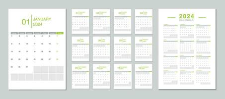 modern 2024 kalender. week begin maandag. bewerkbare 2024 kalender ontwerp sjabloon voor gelukkig nieuw jaar vector