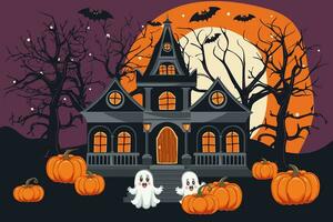 donker halloween achtergrond met spookachtig huis, boom, schattig geest, oranje pompoen, knuppel Bij nacht. gelukkig halloween spandoek. vector illustratie.