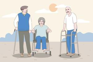 ouderen zorg, oud mensen zorg activiteiten, schrijft voor behandeling. vector tekens vlak tekenfilm.