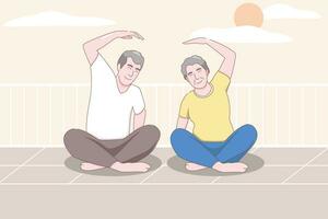 ouderen paar beoefenen yoga, grootouders aan het doen opdrachten, sport, ochtend- opdrachten, tekenfilm vector illustratie.