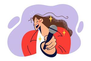 vrouw met microfoon voor het uitvoeren van karaoke liedjes of opname nieuws rapport, lacht en houdt uit apparaat naar scherm. meisje nodigt uit u naar bezoek karaoke club samen naar kom tot rust en verlichten spanning vector