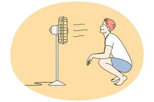 oververhit Mens ademen vers lucht van ventilator. mannetje lijden van zonnesteek Aan heet weer dag staan in de buurt ventileren apparaat. vector illustratie.