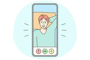 modern smartphone met glimlachen jong Mens Aan scherm Aan video telefoongesprek. gelukkig mannetje praten Aan webcam Aan mobiel telefoon. online communicatie. vector illustratie.