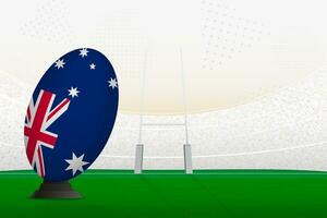 Australië nationaal team rugby bal Aan rugby stadion en doel berichten, voorbereidingen treffen voor een straf of vrij trap. vector
