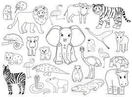 set doodle wereld dieren. vector overzicht cartoon geïsoleerde grafische hand getekende illustratie. olifant nijlpaard zebra flamingo leeuw zwijn tapir pinguïn wombat beer marmot kameleon krokodil kiwi slang