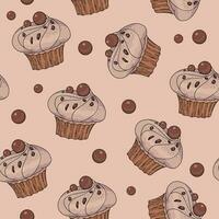 naadloos patroon met chocola koekje met room, chocola chips en gebied Aan beige achtergrond. muffin met topping vector