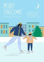 vrolijk Kerstmis poster sjabloon. illustratie met multiraciaal moeder en dochter het schaatsen. winter sport- activiteiten. familie figuur het schaatsen. tekenfilm mensen Aan de baan vector