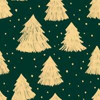 naadloos patroon met getrokken met krijt Kerstmis bomen en sneeuwvlokken Aan donker groen achtergrond vector