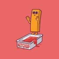 Frans gebakken karakter jumping naar een ketchup houder vector illustratie. voedsel, grappig, merk ontwerp concept.