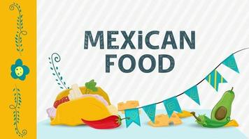 Mexicaans eten illustratie voor vlakke stijl decoratie belettering naam taco tortilla ligt naast peper en vlaggen vector