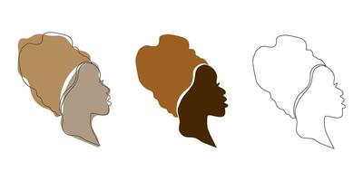 lijn tekening portret van mooi Afrikaanse vrouw in minimalistisch modern stijl. lijn tekening, silhouet van Afrikaanse vrouw in tulband. mooi zo voor logo of andere ontwerp idee. vector illustratie
