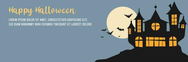 gelukkig halloween groet kaart. knuppel, maan en kasteel vector illustratie en tekst.