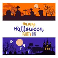 halloween thema partij vector. de panoramisch silhouet van de begraafplaats onder de maan landschap met graven en kruisen. spookachtig illustratie vector illustratie.