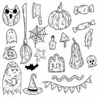 een reeks van tekening stijl halloween illustraties - uil, bezem, pompoenen, snoep, geest, dracula, graf, heks hoed, schedel vector