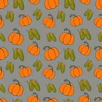 naadloos patroon gekleurde tekening groenten pompoenen en maïs Aan grijs - herfst achtergrond, vector illustratie. voor verpakking, textiel, achtergronden, web ontwerp