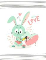 schattig konijn verven een hart. met liefde. st. Valentijnsdag dag. dier vector illustratie voor groet kaart, uitnodiging, afdrukken