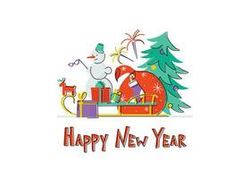 nieuw jaar samenstelling, sneeuwman, sleeën, nieuw jaar boom, geschenken, opschrift gelukkig nieuw jaar, vuurwerk, decoraties. items voor uw ontwerp, ansichtkaart, banier, kaart, Gefeliciteerd. vector. vector