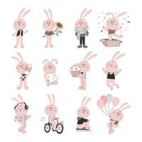 reeks van grappig roze konijntjes geïsoleerd Aan een wit achtergrond. vector illustratie van dieren, hazen.