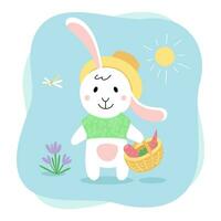 schattig konijn. konijn met wortels, zonneschijn, bloemen. tekenfilm vlak illustratie geïsoleerd Aan wit achtergrond vector