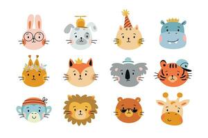 tekenfilm schattig dieren. vector reeks met dier hoofden. leeuw, hond, konijn, beer, eekhoorn, tijger, kat, vos, nijlpaard, giraffe, koala, aap.