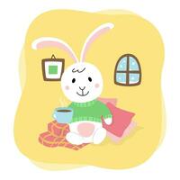 schattig konijn. konijn zit in de huis en drankjes thee. knus tekenfilm vlak illustratie geïsoleerd Aan wit achtergrond vector