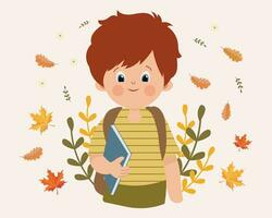 schattig schooljongen met boeken en een paraplu Aan de achtergrond van herfst bladeren. tekenfilm stijl. herfst school- afdrukken, vector