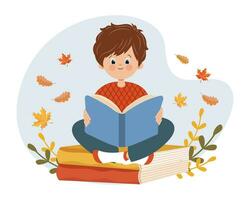 een schattig jongen met een boek zit Aan boeken en dromen. tekenfilm herfst illustratie, kinderen afdrukken, vector