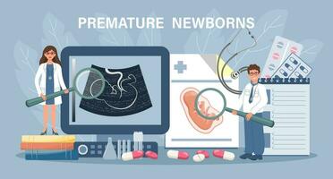 prematuur pasgeborenen voor landen bladzijde. wereld prematuriteit dag. artsen scannen de embryo. gebrek van zwangerschap, in vitro bevruchting. sjabloon, banier, vector