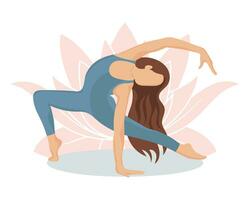 jong mooi vrouw in een yoga houding Aan de achtergrond van een lotus bloem. sport, gezond levensstijl. illustratie, vector