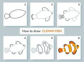 tekening zelfstudie. hoe naar trek clown vis. onderwijs en werkzaamheid bladzijde voor peuter- en school- kinderen. kinderen werkblad. stap door stap kunst lessen met vis. vector illustratie.