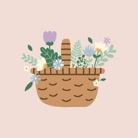 vlak hand- getrokken vector illustratie van schattig geweven picknick mand met wild boeket van bloemen voor herfst, de lente. decoratief element voor kaart, ansichtkaart, sticker, banier, uitnodiging, sociaal media poster