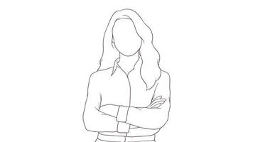 zelf verzekerd zakenvrouw staand met gekruiste armen, hand- getrokken stijl vector illustratie