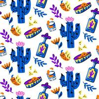 Mexicaans naadloos patroon met cactus, tequila, nacho's, peper, bloemen Aan een wit achtergrond. structuur voor een feest. dag van de dood, cinco de mayonaise, Mexico vakantie festival vector