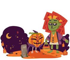 halloween tafereel met monster en pompoen vector