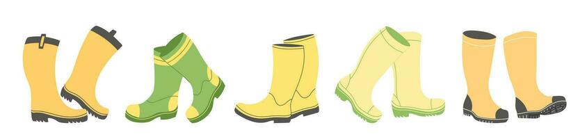 verschillend kleuren regen laarzen verzameling. rubber laarzen herfst concept. reeks van rubberlaarzen Aan een wit achtergrond. herfst schoenen. vector illustratie