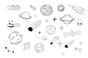 reeks ruimte elementen ufo ruimteschip, raket, satelliet, sterren en planeten in tekening stijl geïsoleerd. hand- getrokken verzameling . vector illustratie